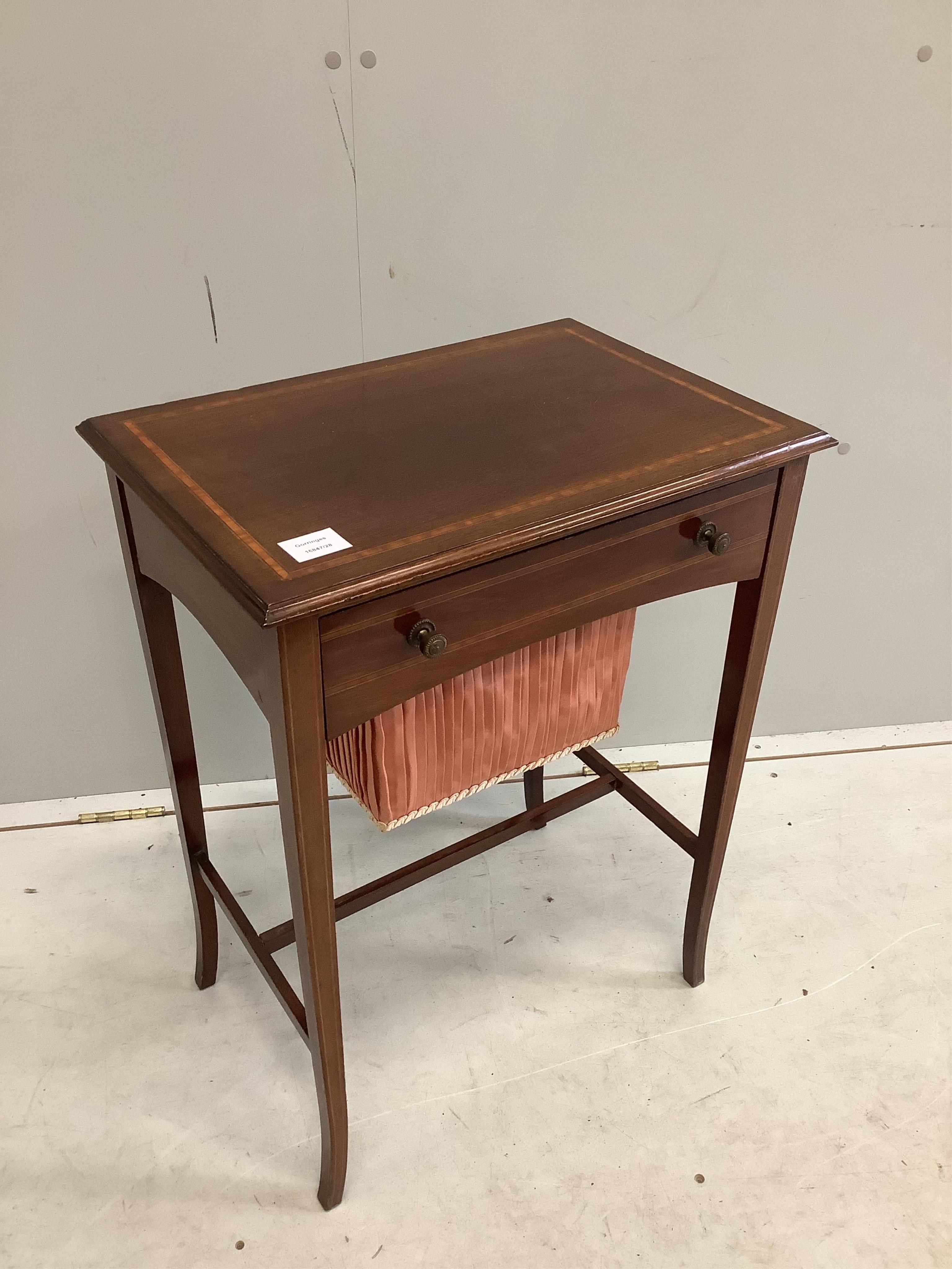 An Edwardian satinwood banded mahogany work table, width 51cm, depth 35cm, height 68cm. Condition - fair